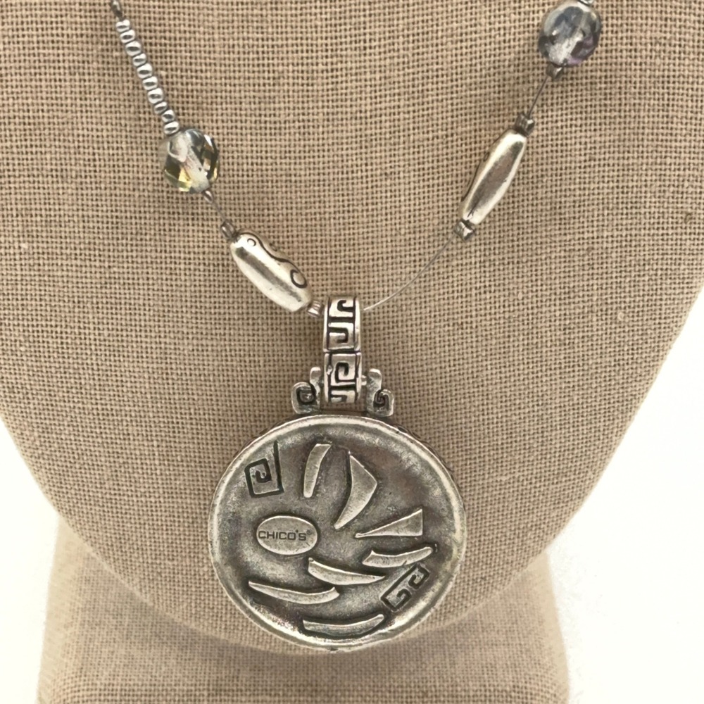 Chico's Pendant Necklace Silver Tone Multicolor Mosaic Foil Earthy Boho Artsy - Picture 10 of 13